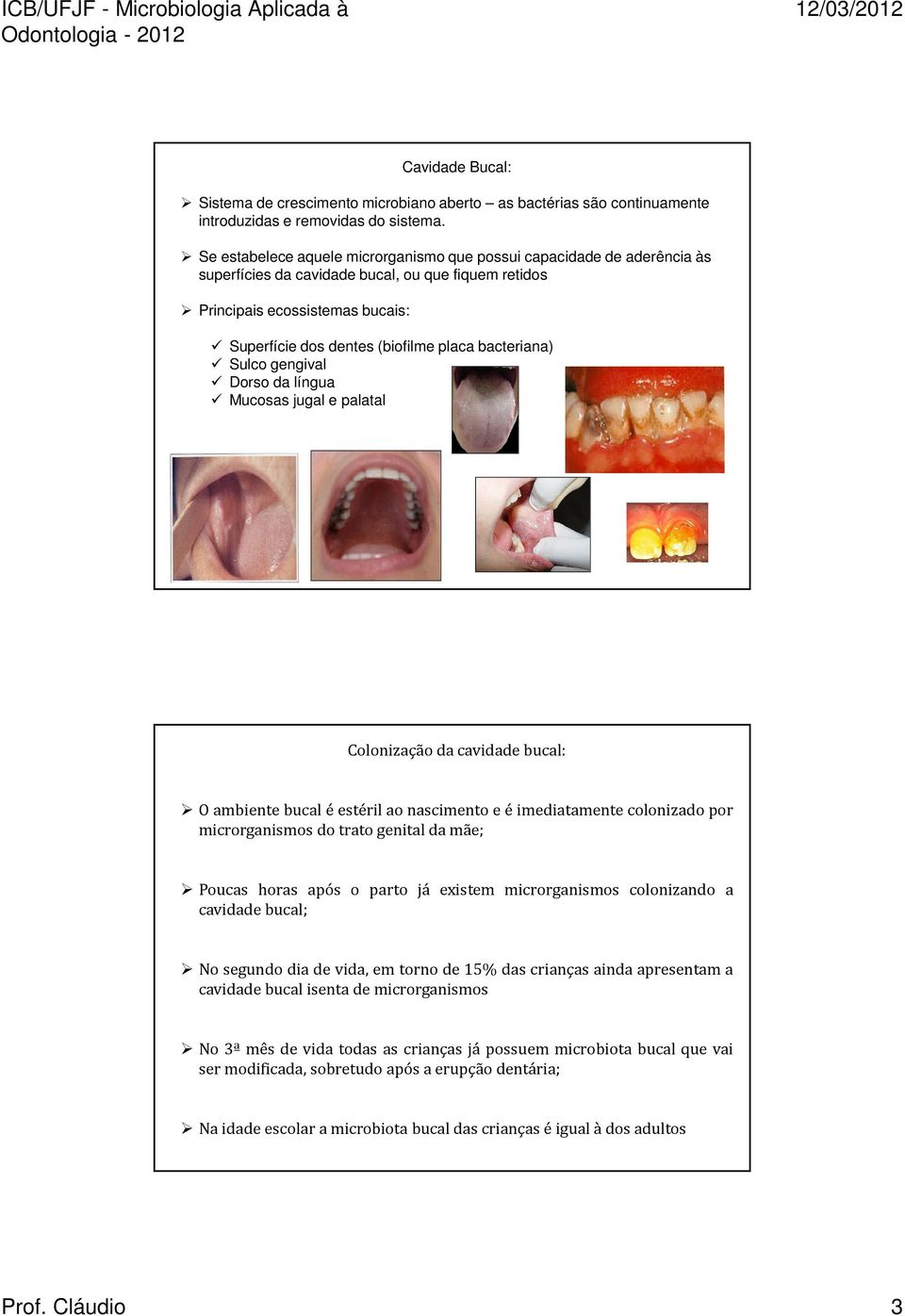 bacteriana) Sulco gengival Dorso da língua Mucosas jugal e palatal Colonização da cavidade bucal: O ambiente bucal é estéril ao nascimento e é imediatamente colonizado por microrganismos do trato