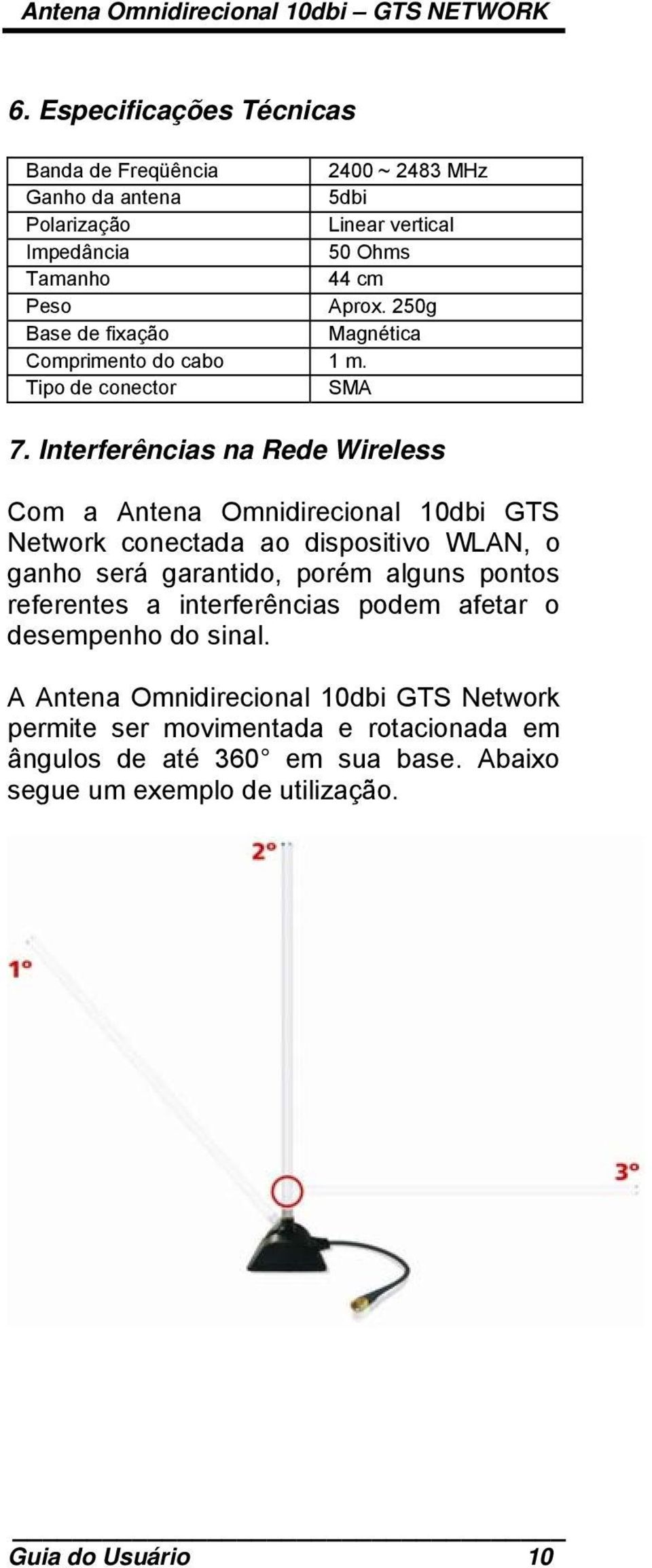 Interferências na Rede Wireless Com a Antena Omnidirecional 10dbi GTS Network conectada ao dispositivo WLAN, o ganho será garantido, porém alguns pontos