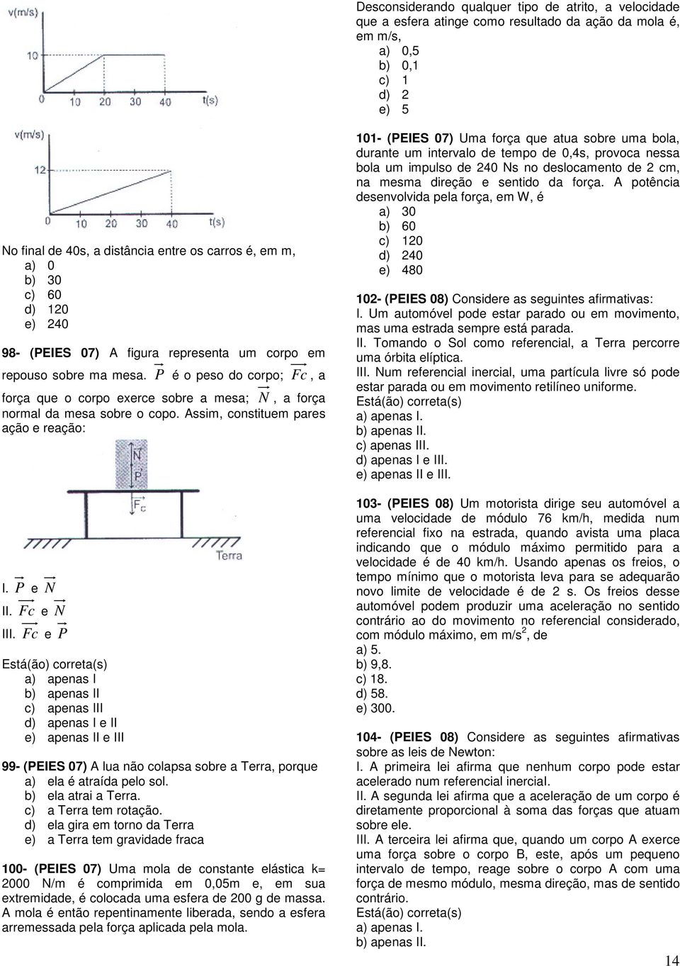 P é o peso do corpo; Fc, a força que o corpo exerce sobre a mesa; N, a força normal da mesa sobre o copo. Assim, constituem pares ação e reação: I. P e N II. Fc e N III.