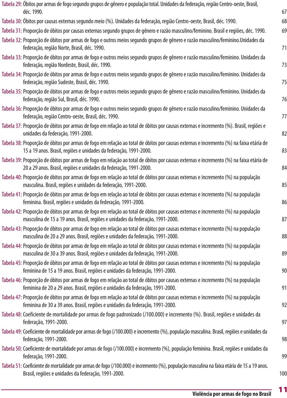 unidades da federação, região Norte, Brasil, déc. 1990. Tabela 33: Proporção de óbitos por armas de fogo e outros meios segundo grupos de gênero e razão masculino/feminino.