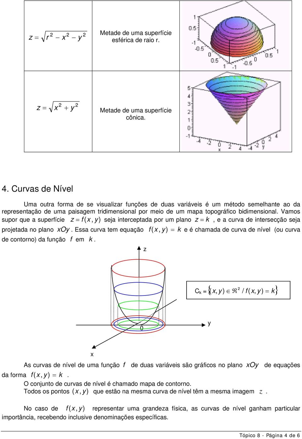 Vamos supor que a superfície z = f ( x, seja interceptada por um plano z = k, e a curva de intersecção seja projetada no plano xoy.