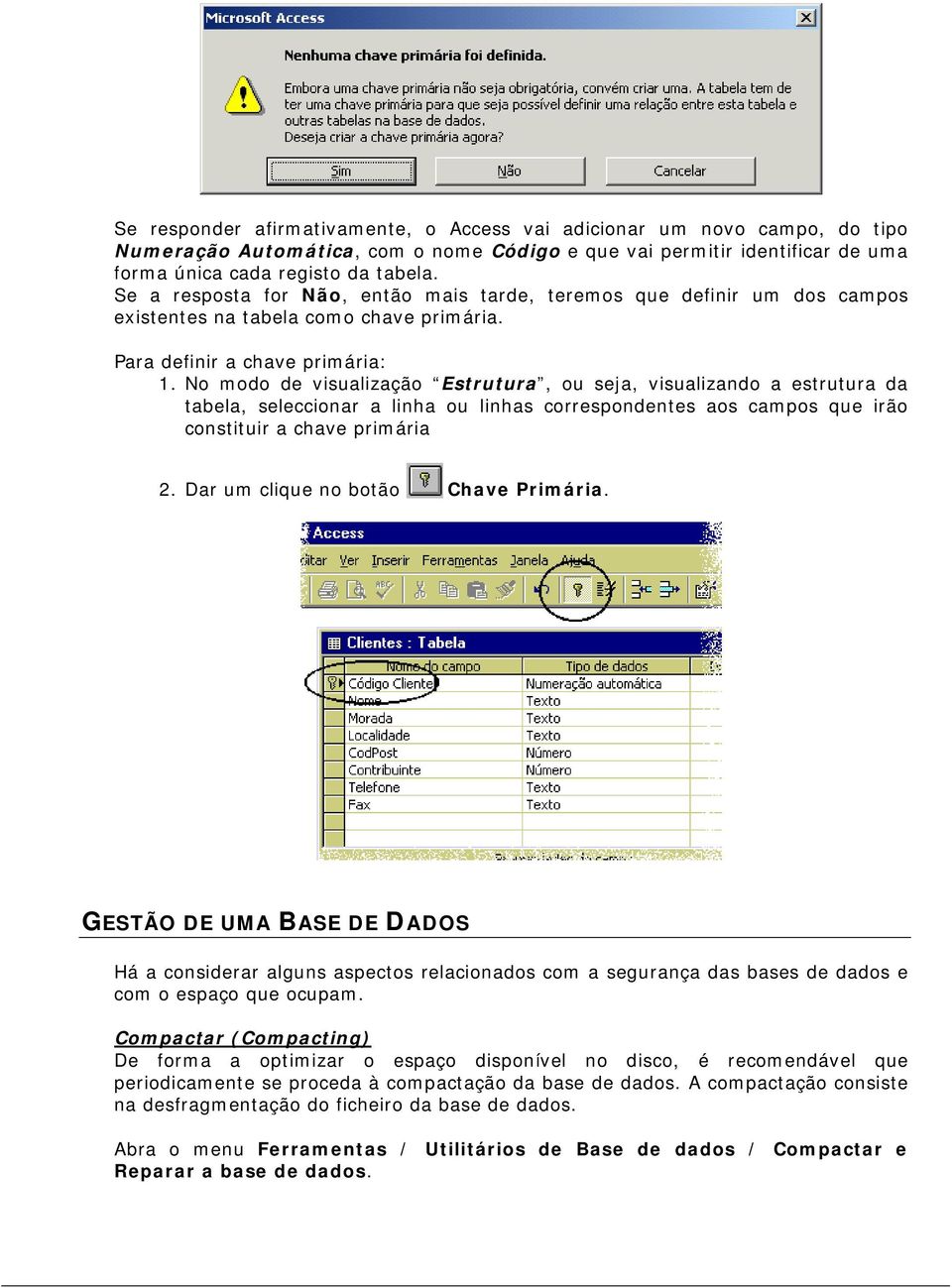 No modo de visualização Estrutura, ou seja, visualizando a estrutura da tabela, seleccionar a linha ou linhas correspondentes aos campos que irão constituir a chave primária 2.