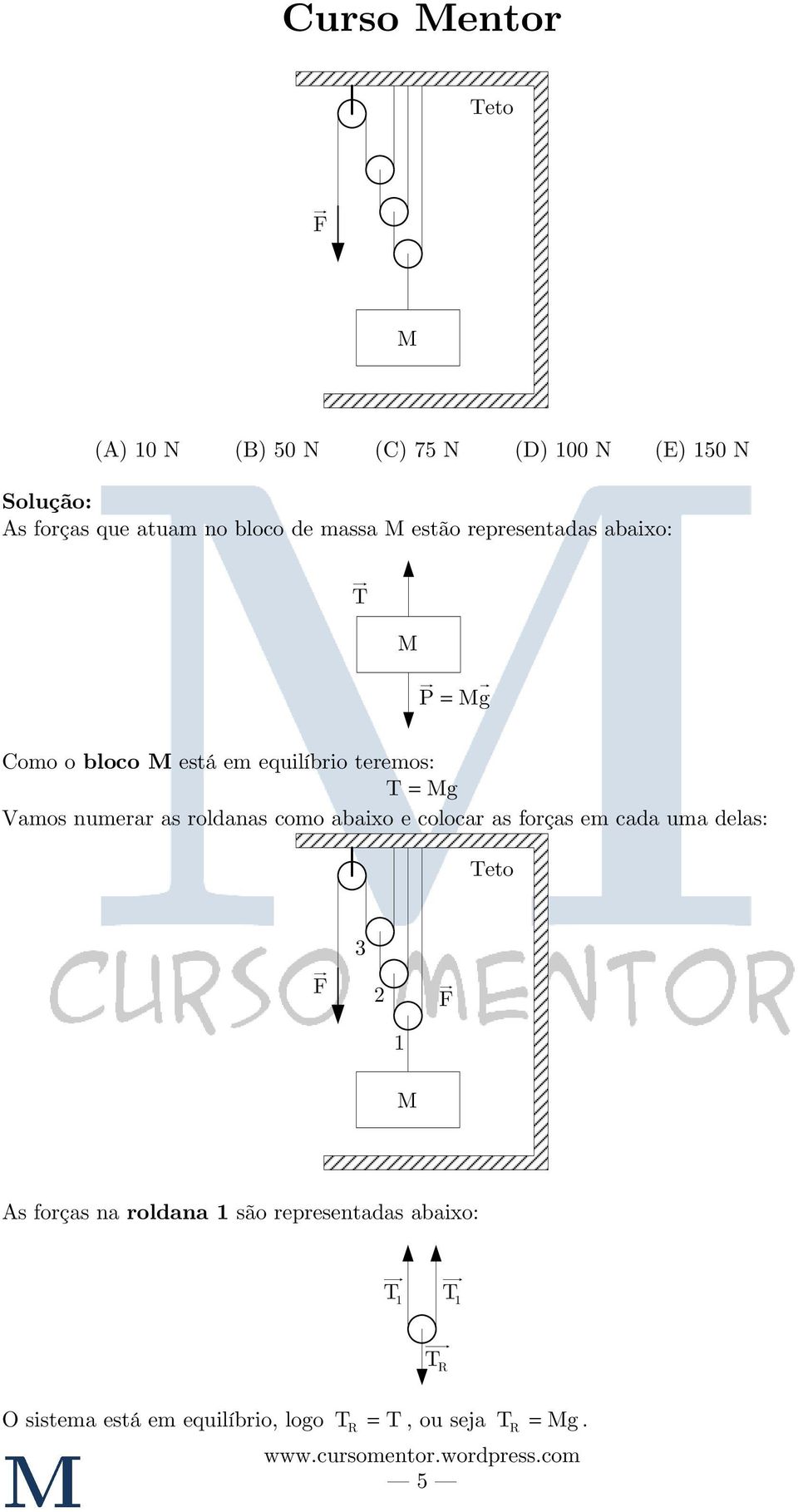 numerar as roldanas como abaixo e colocar as forças em cada uma delas: Teto F F M s forças