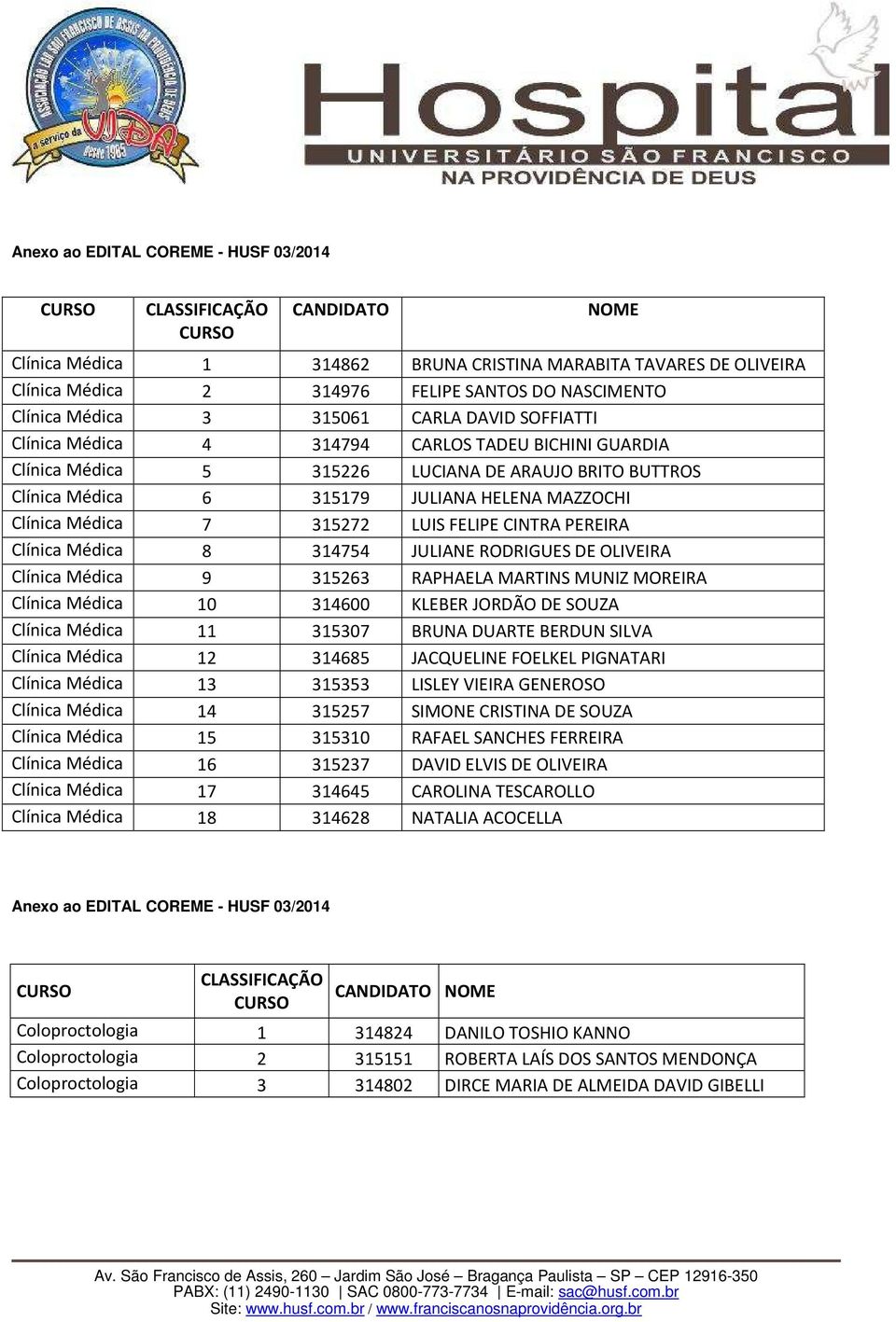 Médica 8 314754 JULIANE RODRIGUES DE OLIVEIRA Clínica Médica 9 315263 RAPHAELA MARTINS MUNIZ MOREIRA Clínica Médica 10 314600 KLEBER JORDÃO DE SOUZA Clínica Médica 11 315307 BRUNA DUARTE BERDUN SILVA