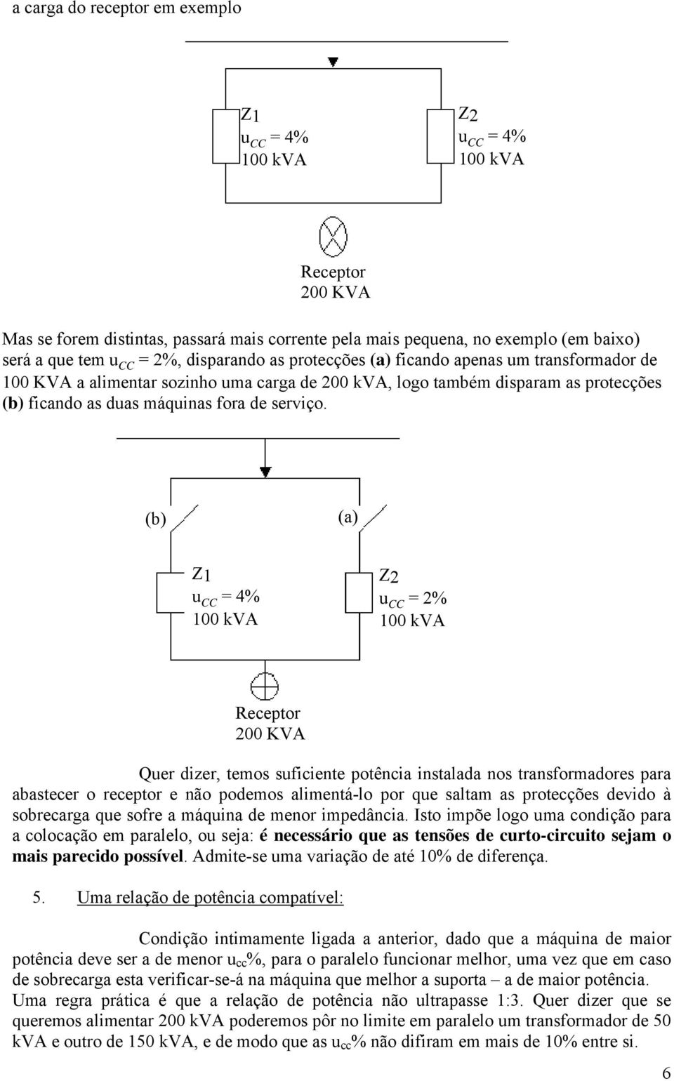 (b) (a) Z1 u CC = 4% Z2 u CC = 2% Receptor 200 KVA Quer dizer, temos suficiente potência instalada nos transformadores para abastecer o receptor e não podemos alimentá-lo por que saltam as protecções