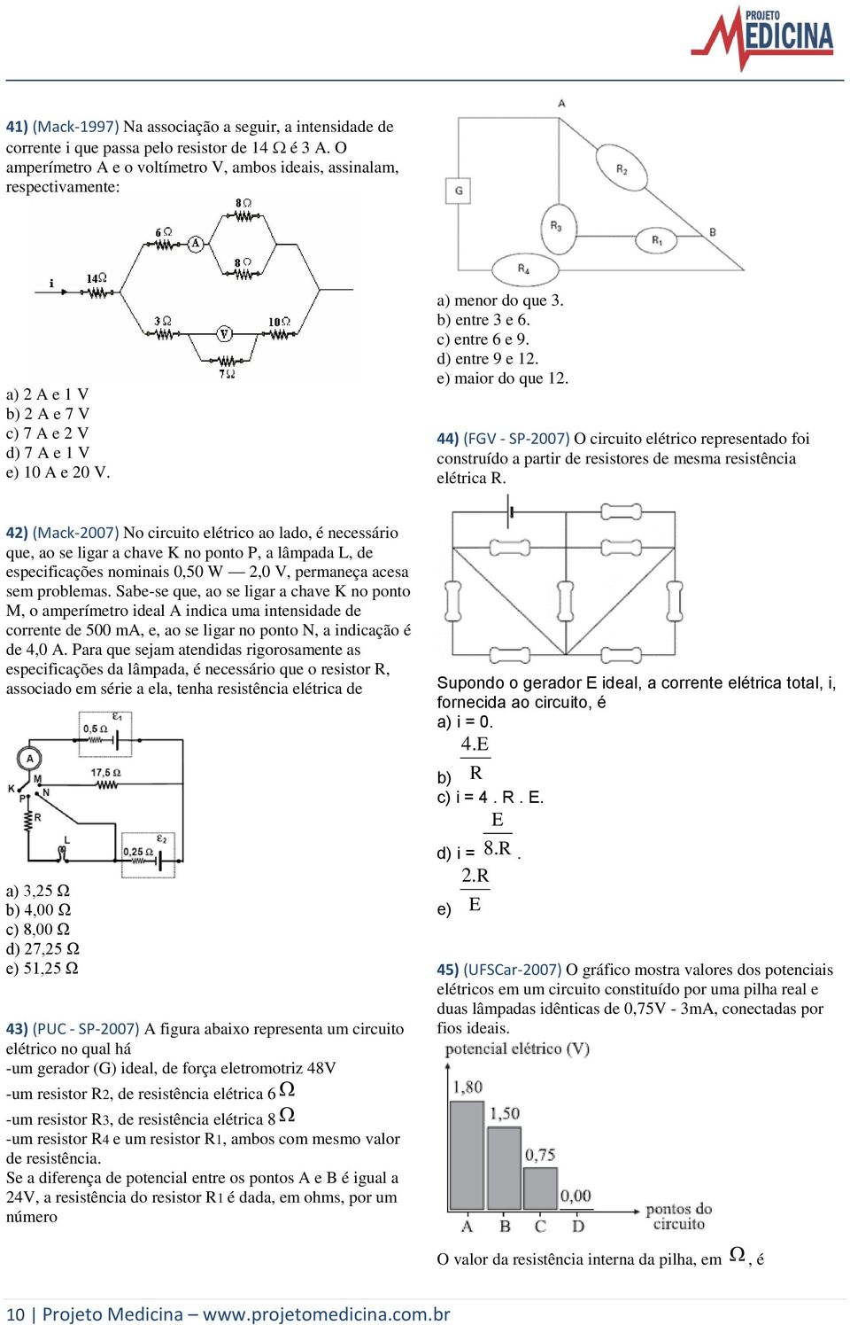 d) entre 9 e 12. e) maior do que 12. 44) (FGV - SP-2007) O circuito elétrico representado foi construído a partir de resistores de mesma resistência elétrica R.