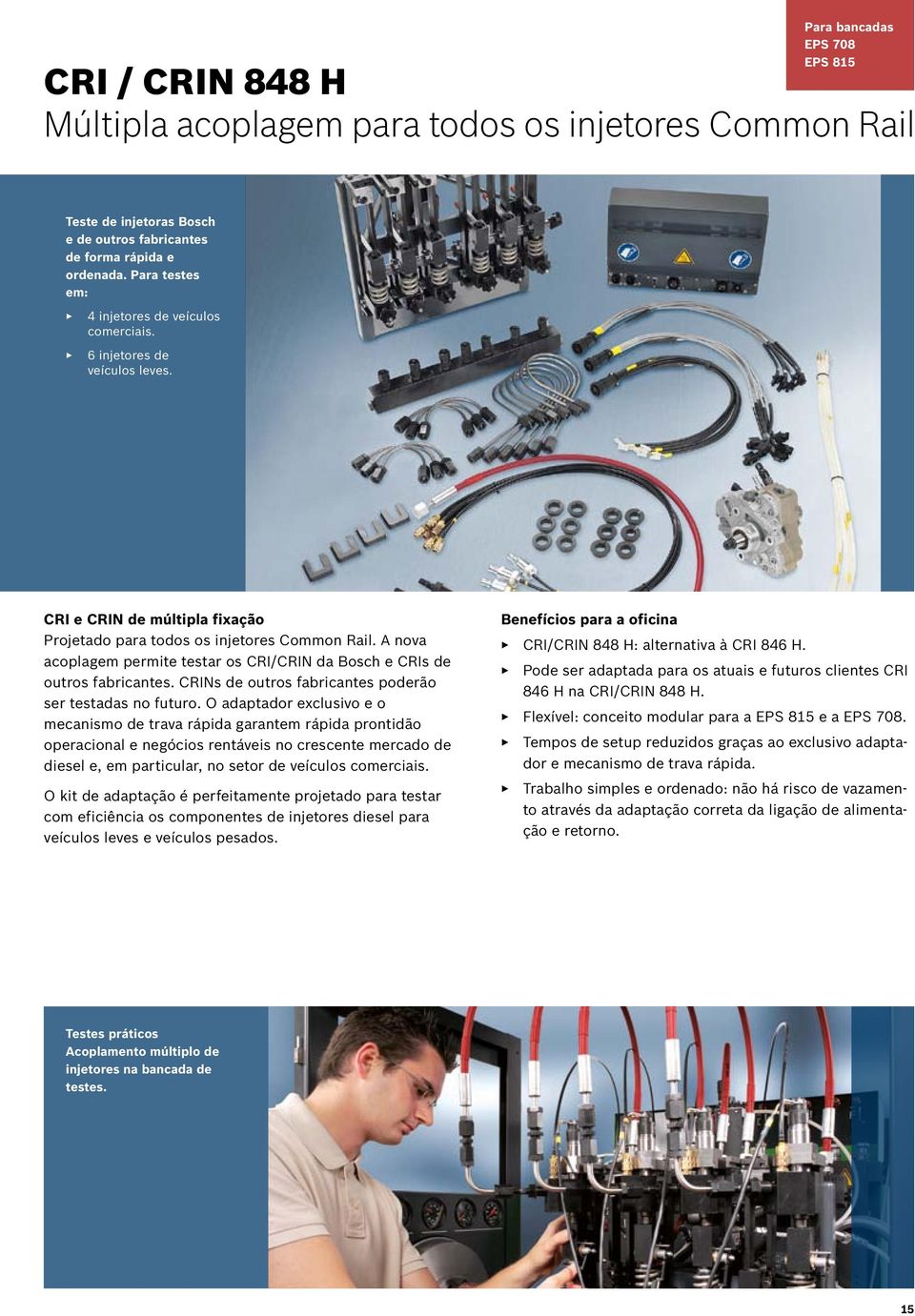 A nova acoplagem permite testar os CRI/CRIN da Bosch e CRIs de outros fabricantes. CRINs de outros fabricantes poderão ser testadas no futuro.