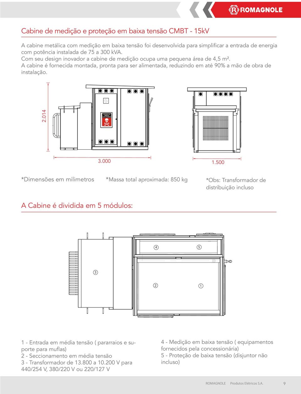 500 *Dimensões em milimetros *Massa total aproximada: 850 kg *Obs: Transformador de distribuição incluso A Cabine é dividida em 5 módulos: 4 5 3 2 1 1 - Entrada em média tensão ( pararraios e suporte