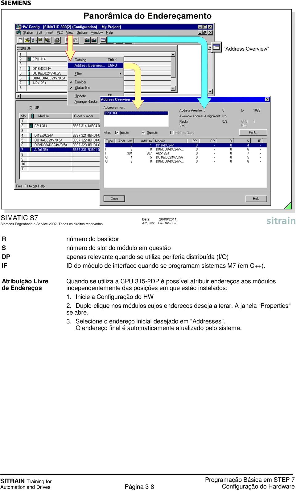 Quando se utiliza a CPU 315-2DP é possível atribuir endereços aos módulos independentemente das posições em que estão instalados: 1.