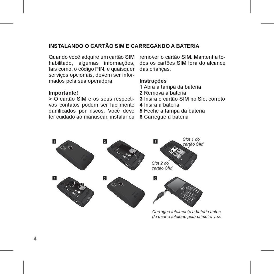 Você deve ter cuidado ao manusear, instalar ou remover o cartão SIM. Mantenha todos os cartões SIM fora do alcance das crianças.