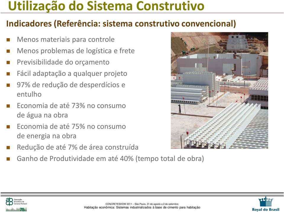 de redução de desperdícios e entulho Economia de até 73% no consumo de água na obra Economia de até 75% no