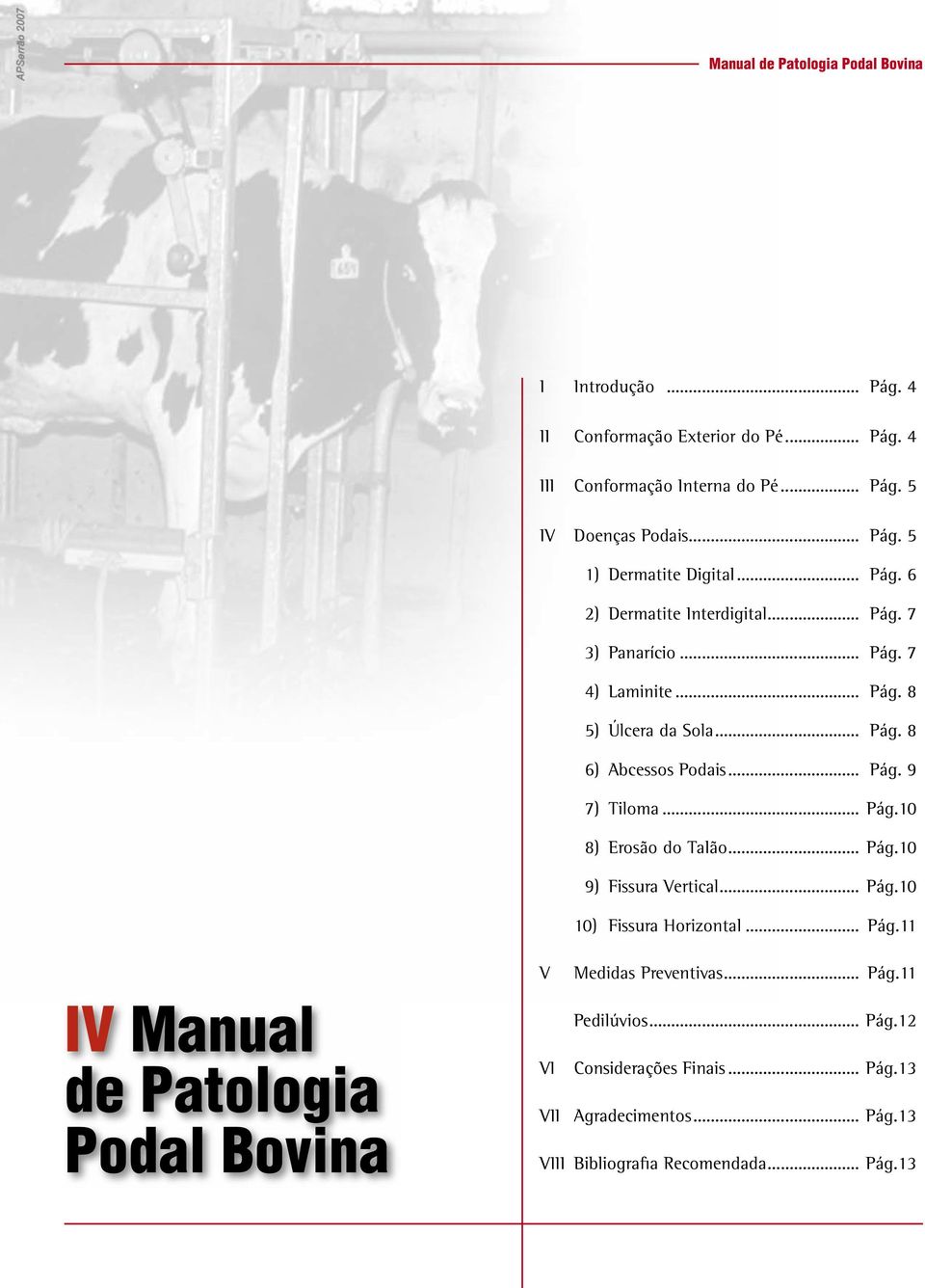 .. Pág.10 8) Erosão do Talão... Pág.10 9) Fissura Vertical... Pág.10 10) Fissura Horizontal... Pág.11 V Medidas Preventivas... Pág.11 IV Manual de Patologia Podal Bovina Pedilúvios.