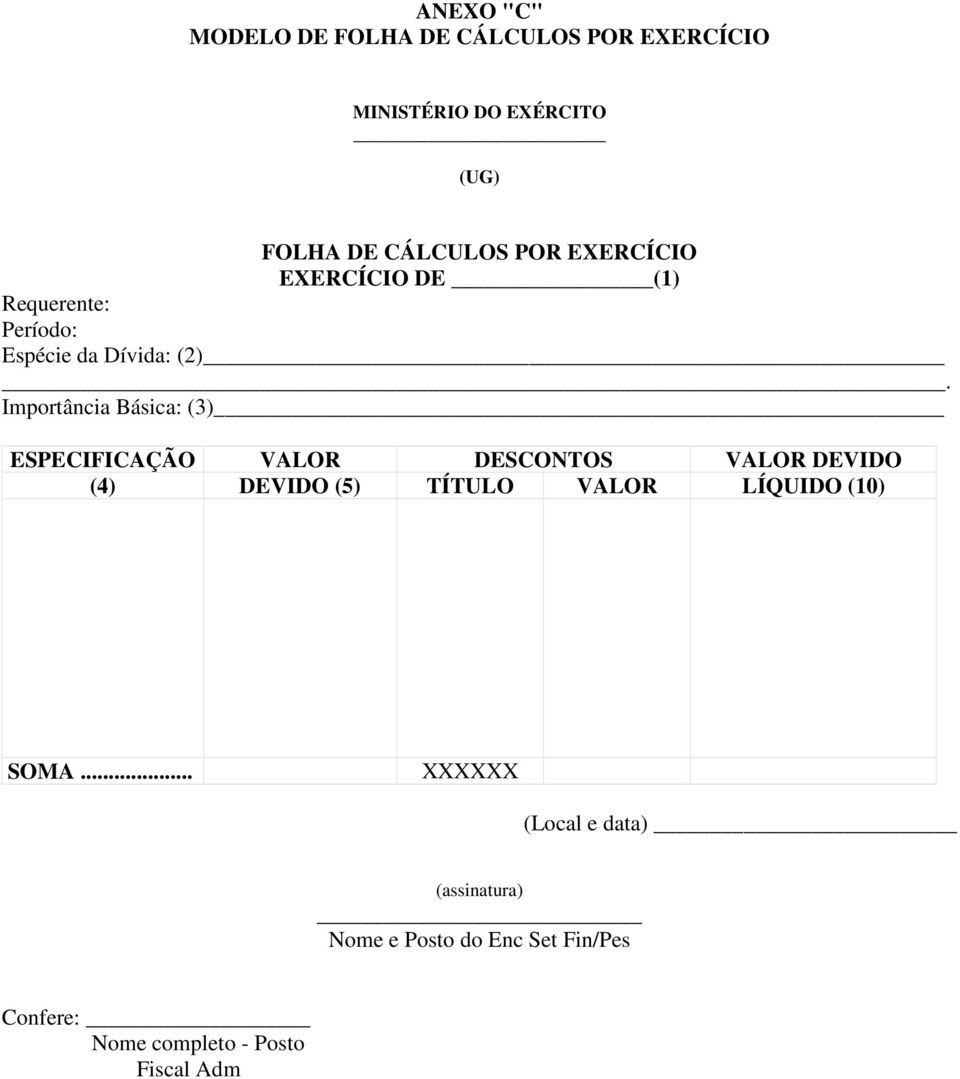 Importância Básica: (3) ESPECIFICAÇÃO VALOR DESCONTOS VALOR DEVIDO (4) DEVIDO (5) TÍTULO VALOR