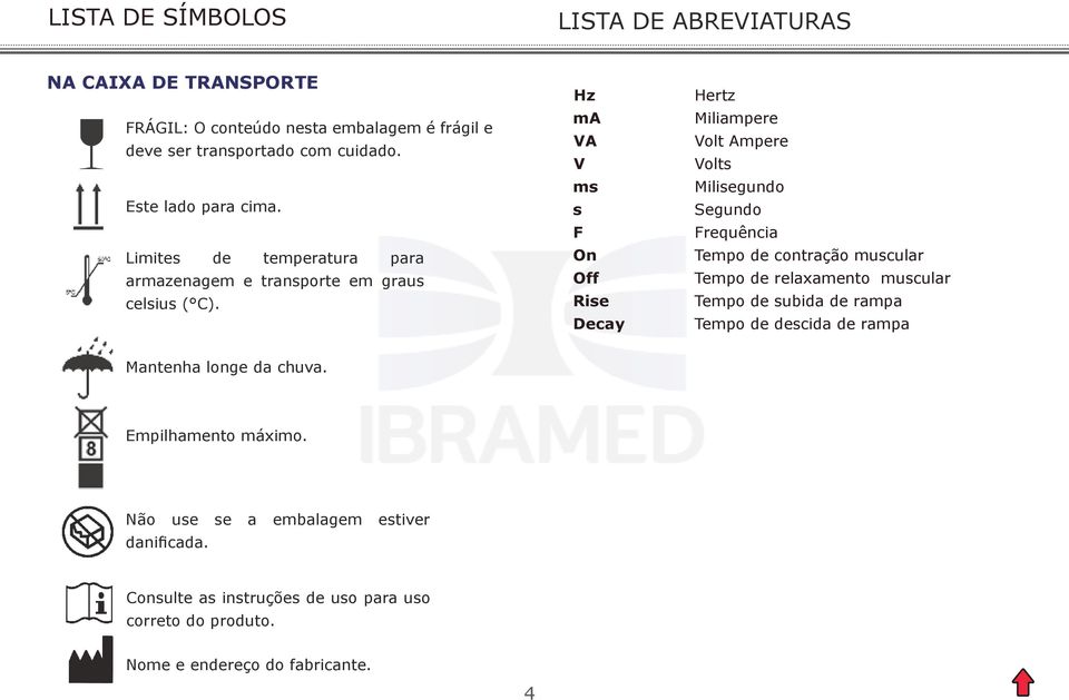 Hz ma VA V ms s F On Off Rise Decay Hertz Miliampere Volt Ampere Volts Milisegundo Segundo Frequência Tempo de contração muscular Tempo de relaxamento