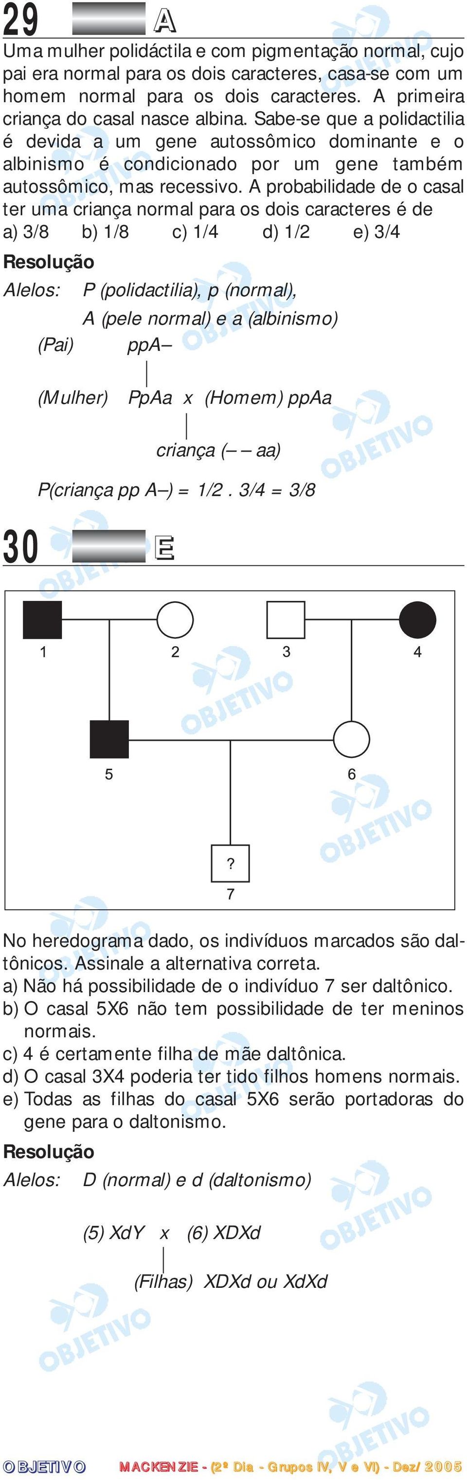 A probabilidade de o casal ter uma criança normal para os dois caracteres é de a) 3/8 b) 1/8 c) 1/4 d) 1/2 e) 3/4 Alelos: P (polidactilia), p (normal), A (pele normal) e a (albinismo) (Pai) ppa