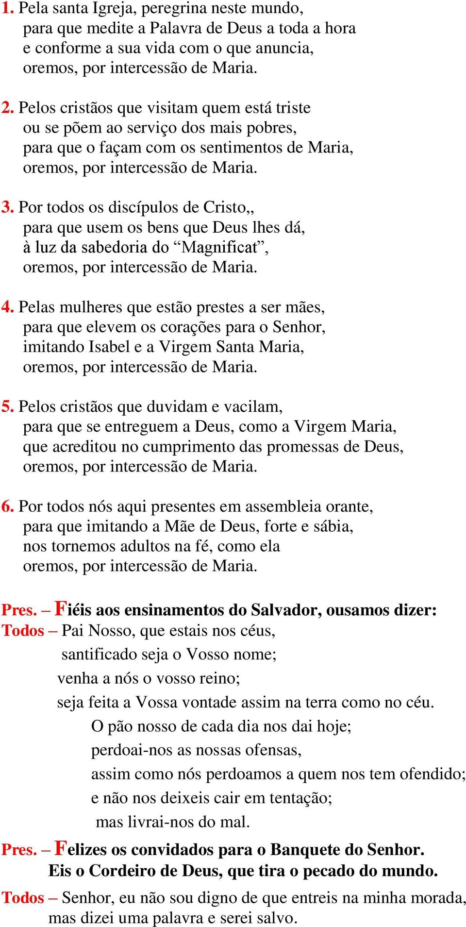 Por todos os discípulos de Cristo,, para que usem os bens que Deus lhes dá, à luz da sabedoria do Magnificat, 4.