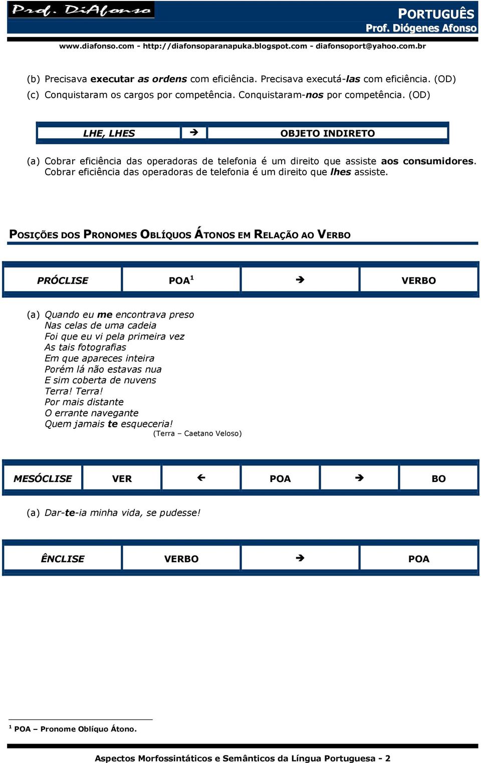 POSIÇÕES DOS PRONOMES OBLÍQUOS ÁTONOS EM RELAÇÃO AO VERBO PRÓCLISE POA 1 VERBO (a) Quando eu me encontrava preso Nas celas de uma cadeia Foi que eu vi pela primeira vez As tais fotografias Em que