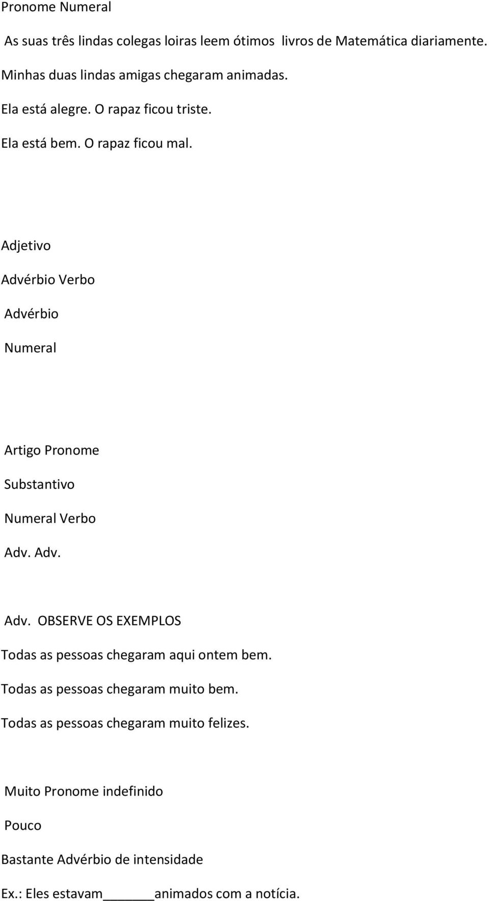 Adjetivo Advérbio Verbo Advérbio Numeral Artigo Pronome Substantivo Numeral Verbo Adv. Adv. Adv. OBSERVE OS EXEMPLOS Todas as pessoas chegaram aqui ontem bem.