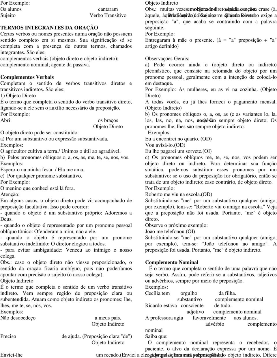 (à = "a" preposição + "a" artigo definido) TERMOS INTEGRANTES DA ORAÇÃO Certos verbos ou nomes presentes numa oração não possuem sentido completo em si mesmos.