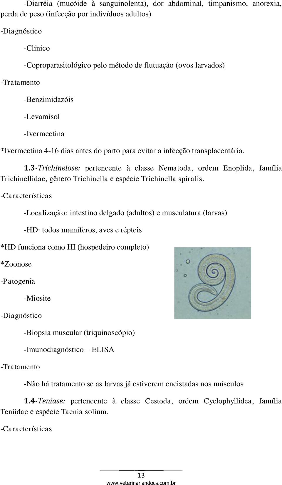 3-Trichinelose: pertencente à classe Nematoda, ordem Enoplida, família Trichinellidae, gênero Trichinella e espécie Trichinella spiralis.