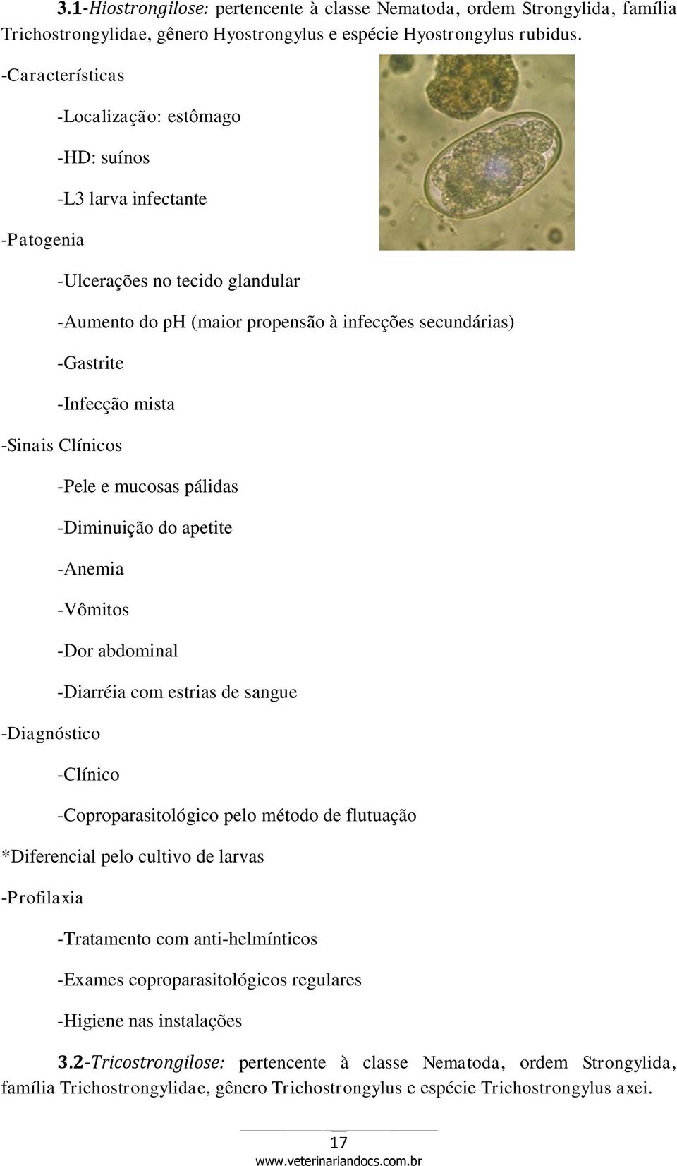 -Diminuição do apetite -Anemia -Vômitos -Dor abdominal -Diarréia com estrias de sangue -Clínico -Coproparasitológico pelo método de flutuação *Diferencial pelo cultivo de larvas -Profilaxia com