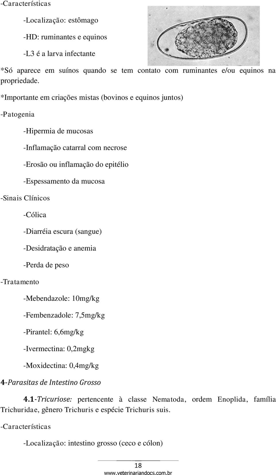 -Diarréia escura (sangue) -Desidratação e anemia -Perda de peso -Mebendazole: 10mg/kg -Fembenzadole: 7,5mg/kg -Pirantel: 6,6mg/kg -Ivermectina: 0,2mgkg -Moxidectina: 0,4mg/kg