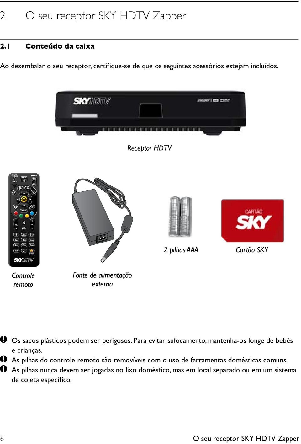 RC65SB Receptor HDTV RC65SB 2 pilhas AAA Cartão SKY Controle remoto Fonte de alimentação externa Os sacos plásticos podem ser perigosos.