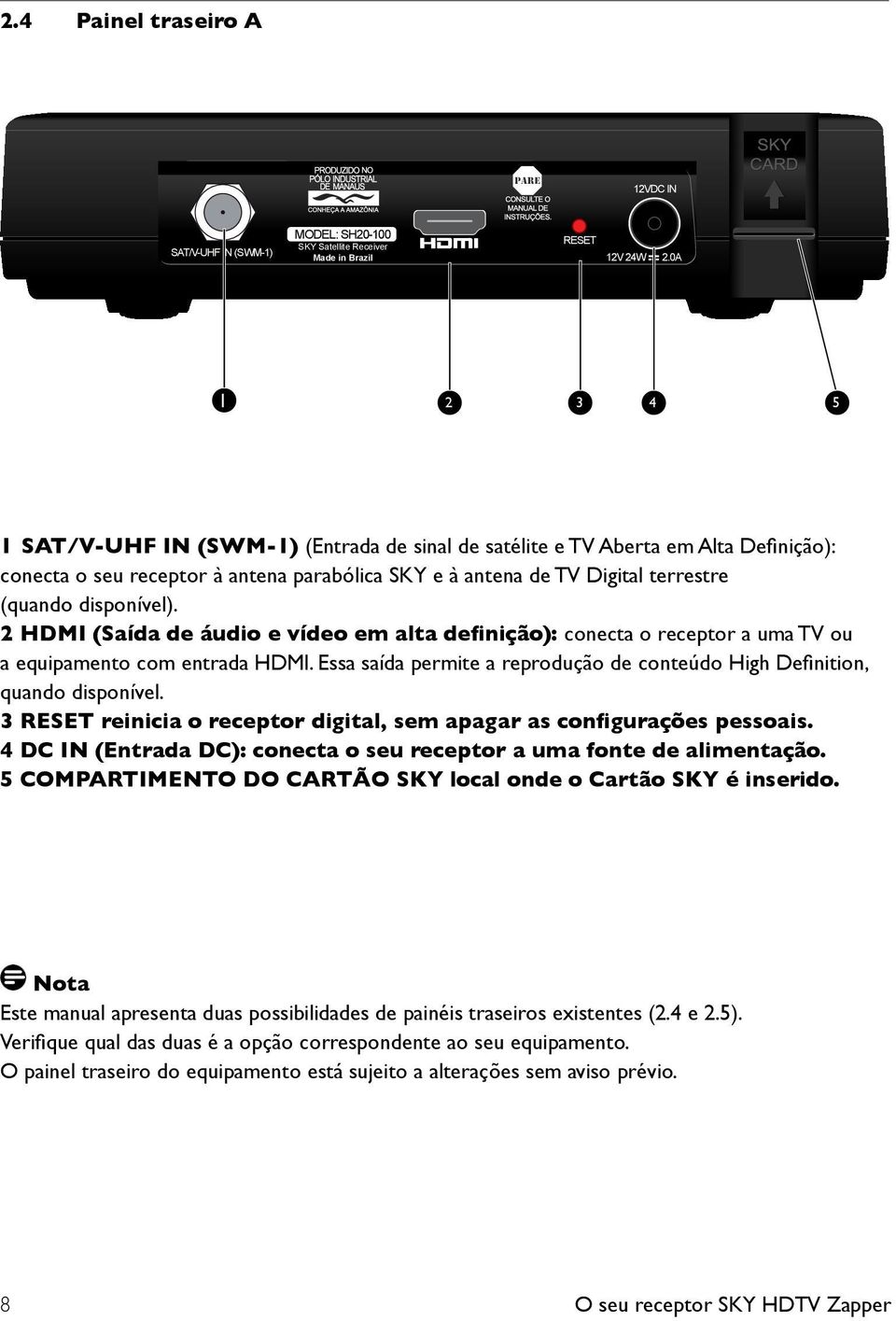 2 HDMI (Saída de áudio e vídeo em alta definição): conecta o receptor a uma TV ou a equipamento com entrada HDMI. Essa saída permite a reprodução de conteúdo High Definition, quando disponível.