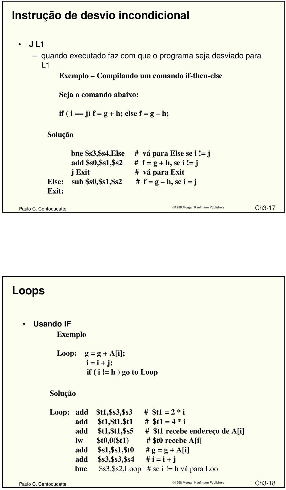 = j j Exit # vá para Exit Else: sub $s0,$s1,$s2 # f = g h, se i = j Exit: Ch3-17 Loops Usando IF Exemplo Loop: g = g + A[i]; i = i + j; if ( i!