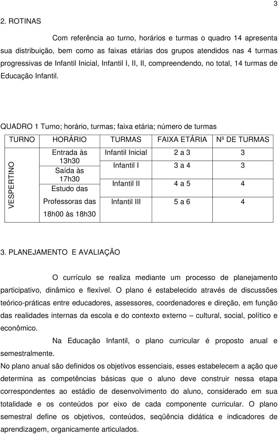 QUADRO 1 Turno; horário, turmas; faixa etária; número de turmas TURNO HORÁRIO TURMAS FAIXA ETÁRIA Nº DE TURMAS VESPERTINO Entrada às Infantil Inicial 2 a 3 3 13h30 Saída às Infantil I 3 a 4 3 17h30