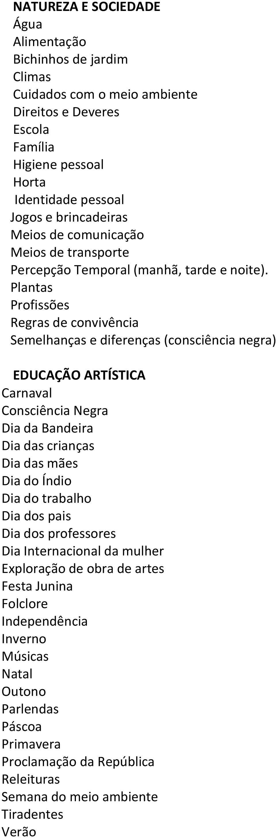 Plantas Profissões Regras de convivência Semelhanças e diferenças (consciência negra) EDUCAÇÃO ARTÍSTICA Carnaval Consciência Negra Dia da Bandeira Dia das crianças Dia das mães Dia do