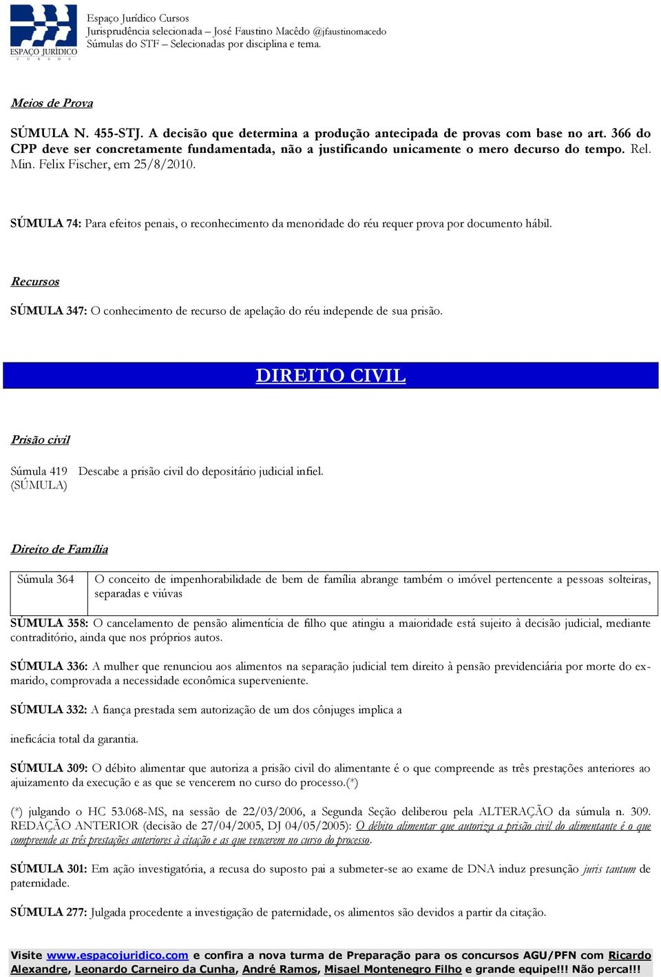 SÚMULA 74: Para efeitos penais, o reconhecimento da menoridade do réu requer prova por documento hábil. Recursos SÚMULA 347: O conhecimento de recurso de apelação do réu independe de sua prisão.