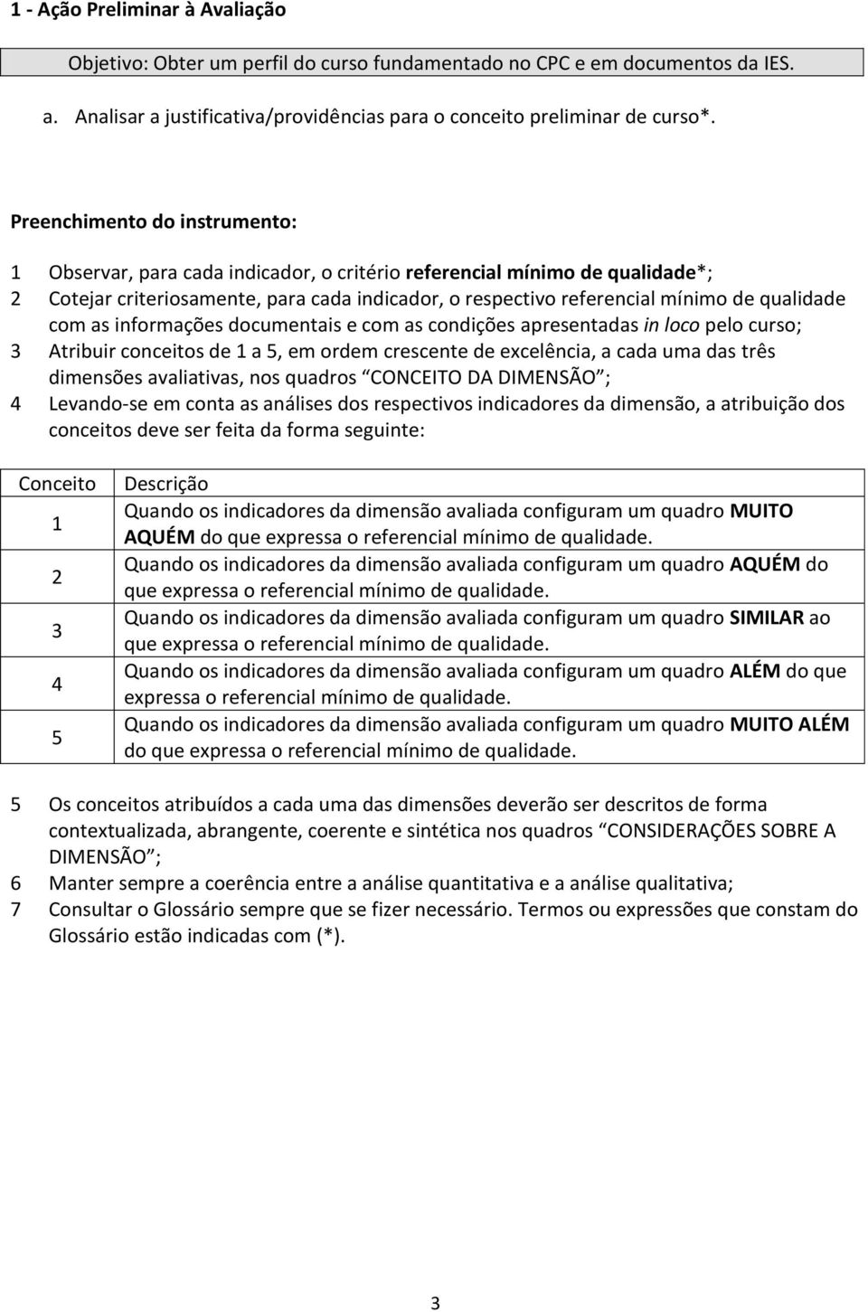 qualidade com as informações documentais e com as condições apresentadas in loco pelo curso; 3 Atribuir conceitos de 1 a 5, em ordem crescente de excelência, a cada uma das três dimensões