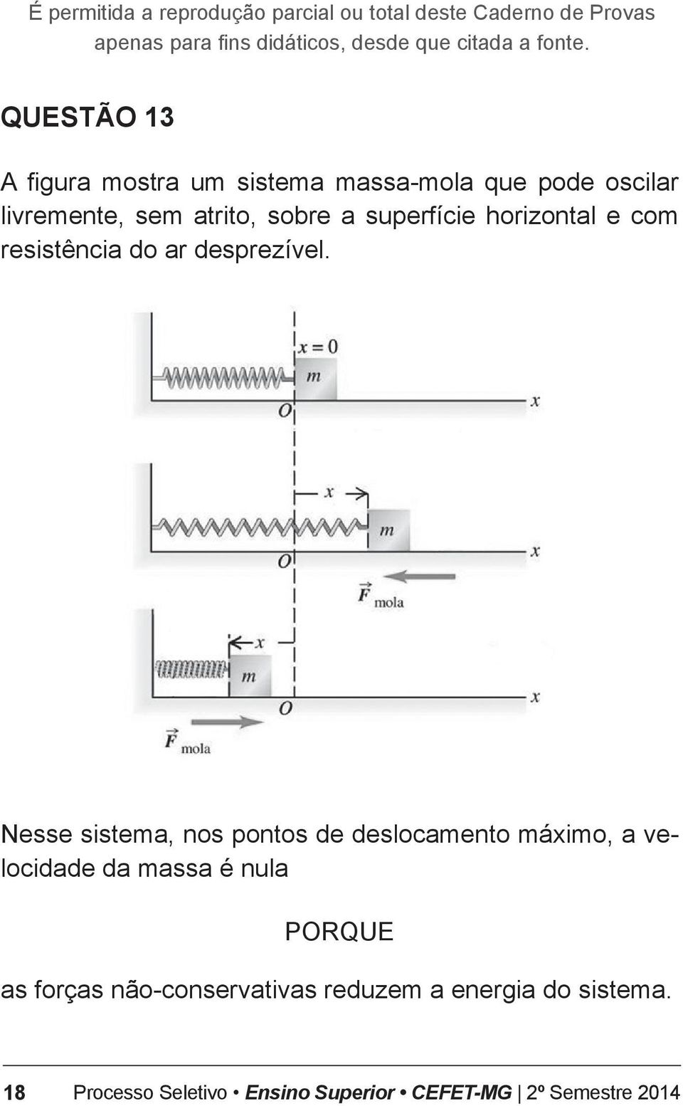 Nesse sistema, nos pontos de deslocamento máximo, a velocidade da massa é nula porque as