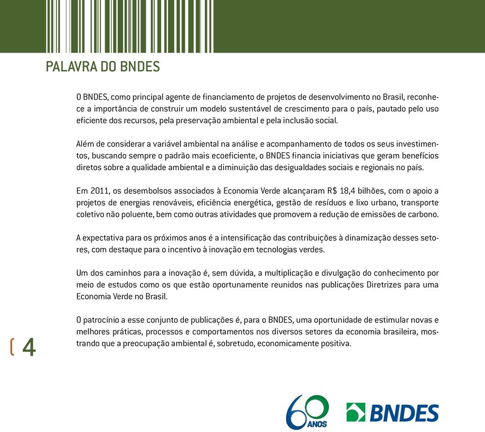 Além de considerar a variável ambiental na análise e acompanhamento de todos os seus investimentos, buscando sempre o padrão mais ecoeficiente, o BNDES financia iniciativas que geram benefícios