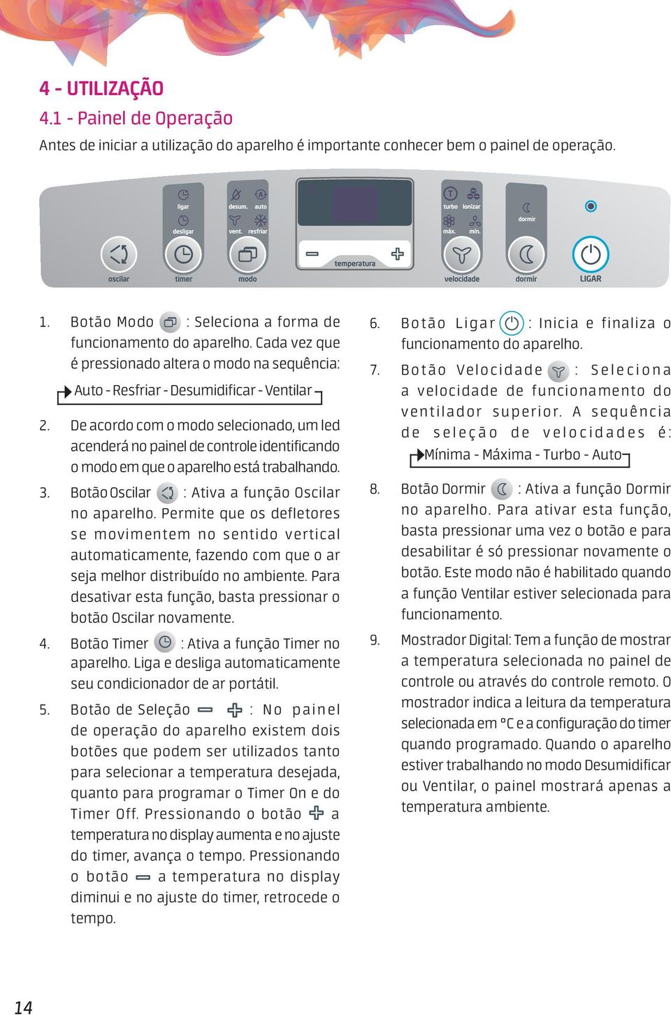 De acordo com o modo selecionado, um led acenderá no painel de controle identificando o modo em que o aparelho está trabalhando.. Botão Oscilar : Ativa a função Oscilar no aparelho.