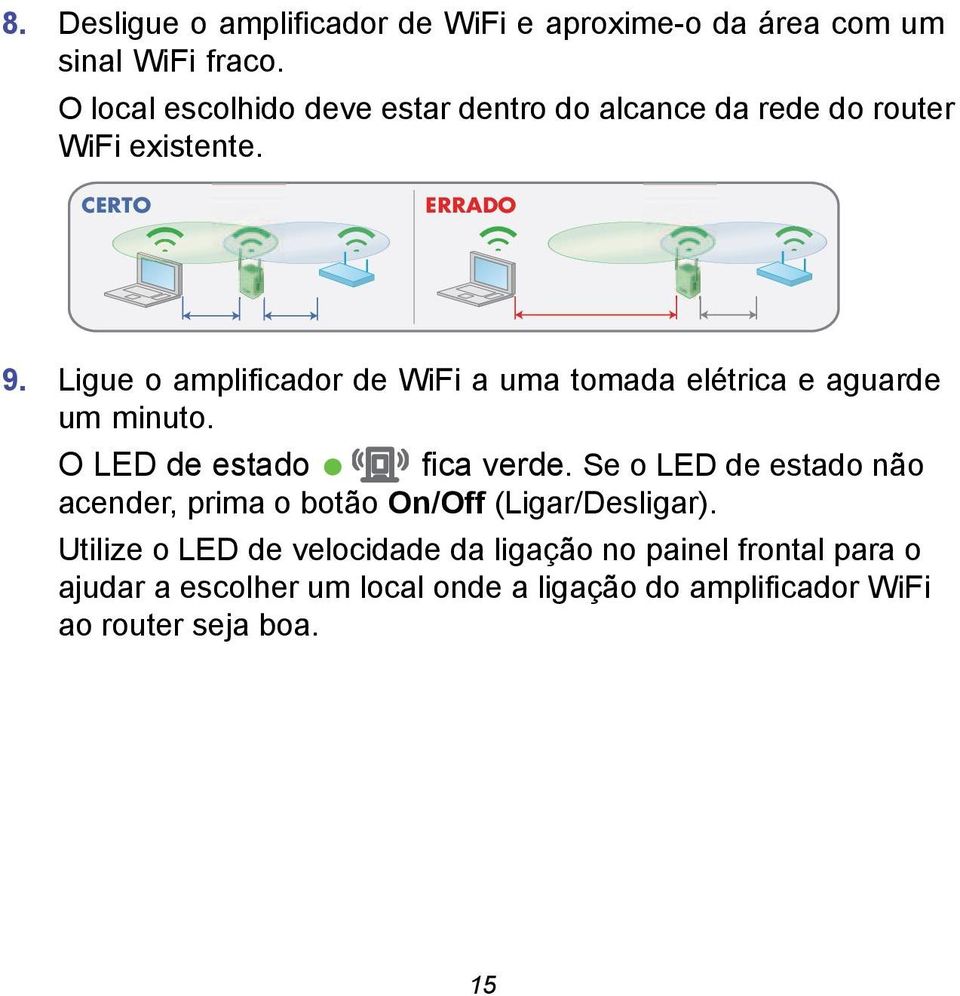 Ligue o amplificador de WiFi a uma tomada elétrica e aguarde um minuto. O LED de estado fica verde.