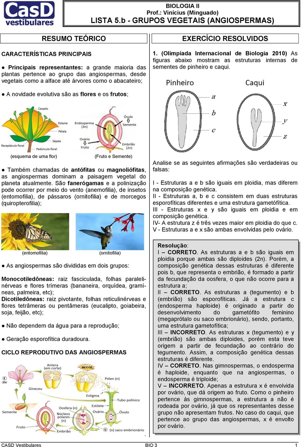 até árvores como o abacateiro; EXERCÍCIO RESOLVIDOS 1. (Olimpíada Internacional de Biologia 2010) As figuras abaixo mostram as estruturas internas de sementes de pinheiro e caqui.