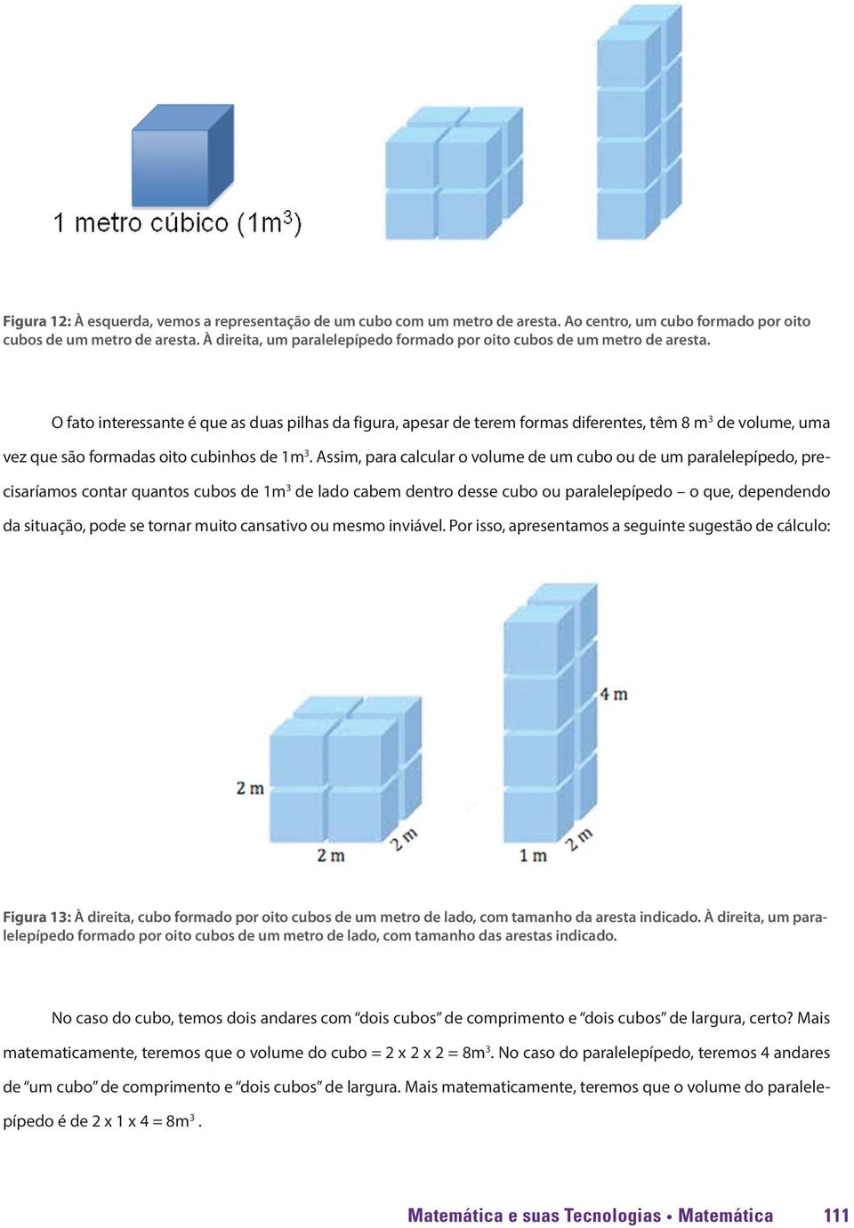 O fato interessante é que as duas pilhas da figura, apesar de terem formas diferentes, têm 8 m 3 de volume, uma vez que são formadas oito cubinhos de 1m 3.