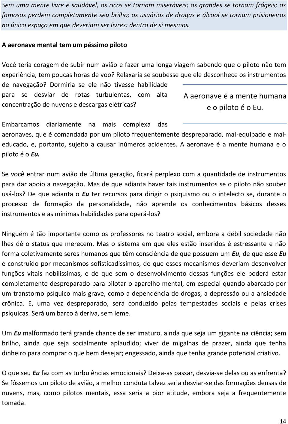 A aeronave mental tem um péssimo piloto Você teria coragem de subir num avião e fazer uma longa viagem sabendo que o piloto não tem experiência, tem poucas horas de voo?