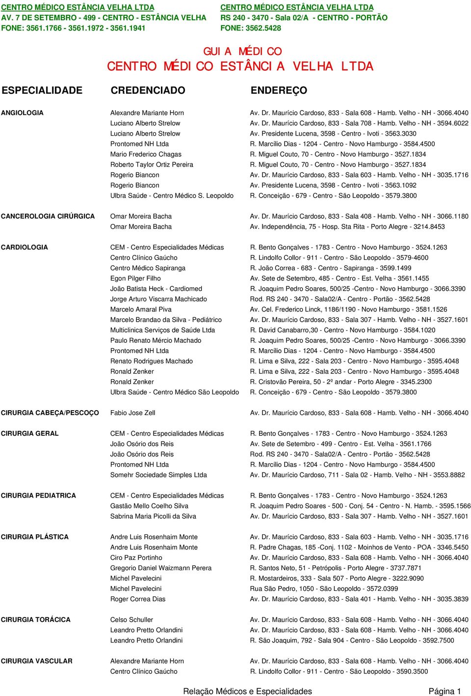 5428 GUIA MÉDICO CENTRO MÉDICO ESTÂNCIA VELHA LTDA ESPECIALIDADE CREDENCIADO ENDEREÇO ANGIOLOGIA Alexandre Mariante Horn Av. Dr. Maurício Cardoso, 833 - Sala 608 - Hamb. Velho - NH - 3066.