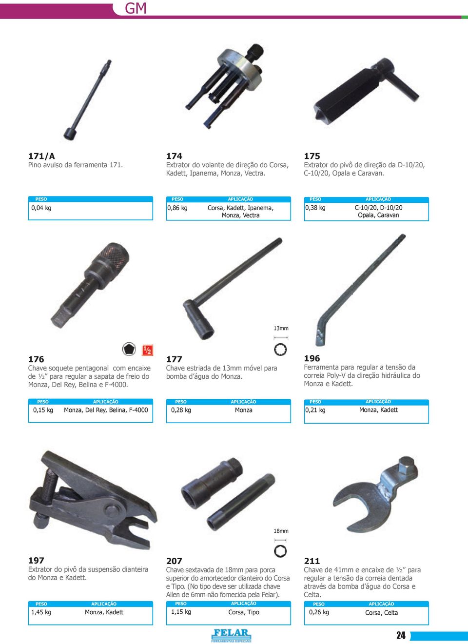 Belina e F-4000. 177 Chave estriada de 13mm móvel para bomba d água do Monza. 196 Ferramenta para regular a tensão da correia Poly-V da direção hidráulica do Monza e Kadett.