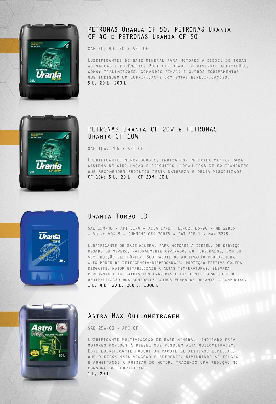 5 L, 20 L, 200 L PETRONAS Urania CF 20W e PETRONAS Urania CF 10W SAE 10W, 20W API CF Lubrificantes monoviscosos, indicados, principalmente, para sistema de circulação e circuitos hidráulicos de