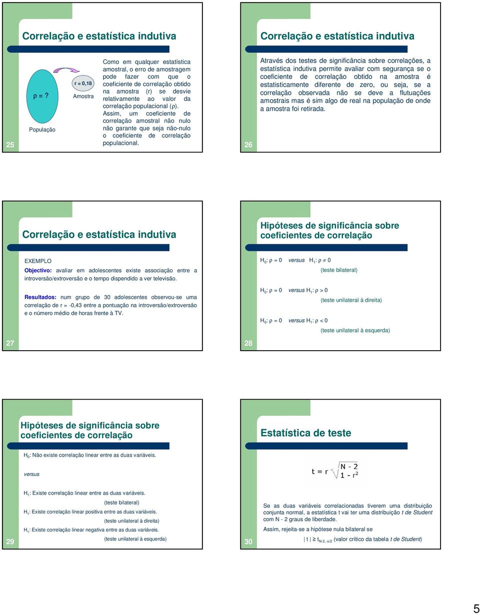 populacional (ρ). Assim, um coeficiente de correlação amostral não nulo não garante que seja não-nulo o coeficiente de correlação populacional.