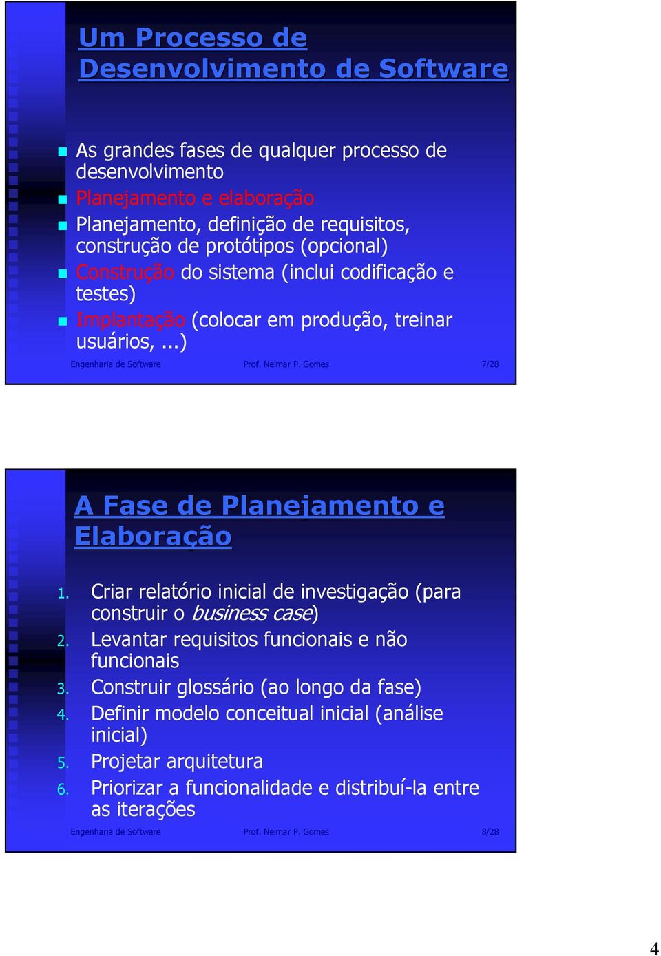 Gomes 7/28 A Fase de Planejamento e Elaboração 1. Criar relatório inicial de investigação (para construir o business case) 2. Levantar requisitos funcionais e não funcionais 3.