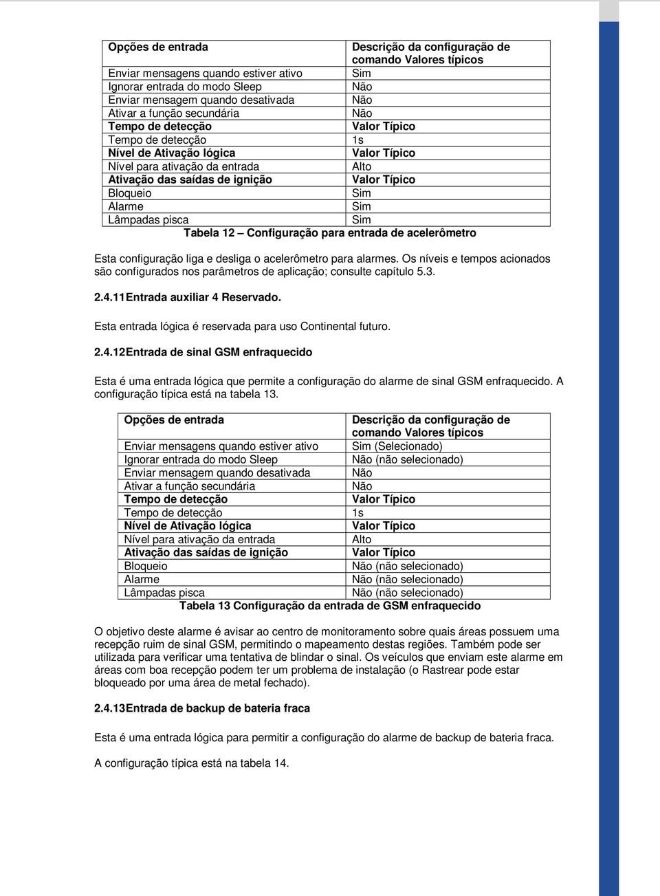 acelerômetro Esta configuração liga e desliga o acelerômetro para alarmes. Os níveis e tempos acionados são configurados nos parâmetros de aplicação; consulte capítulo 5.3. 2.4.