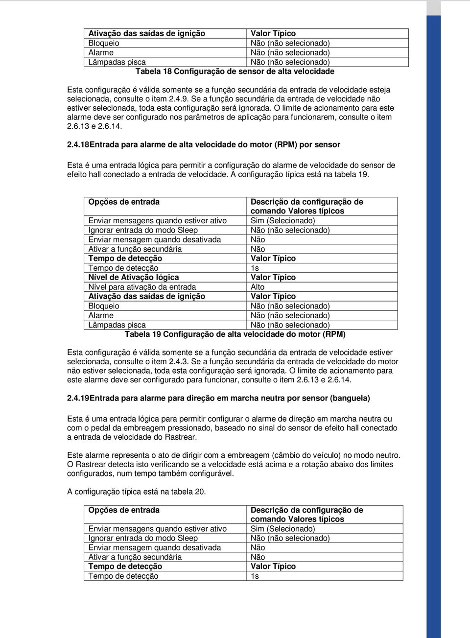 O limite de acionamento para este alarme deve ser configurado nos parâmetros de aplicação para funcionarem, consulte o item 2.6.13 e 2.6.14.