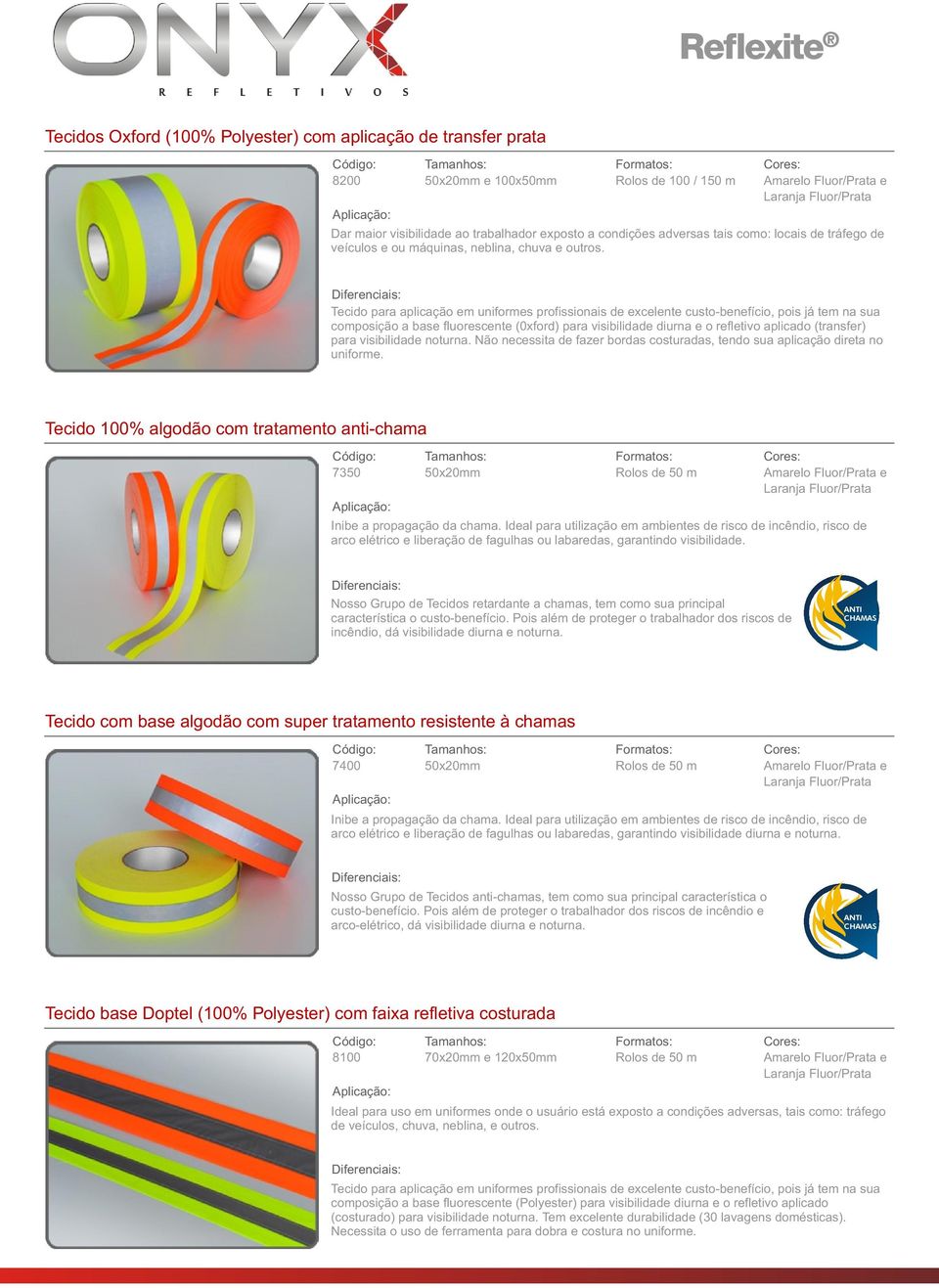 Tecido para aplicação em uniformes profissionais de excelente custo-benefício, pois já tem na sua composição a base fluorescente (0xford) para visibilidade diurna e o refletivo aplicado (transfer)