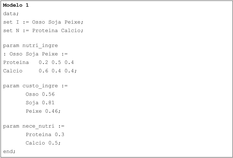 5 0.4 Calcio 0.6 0.4 0.4; param custo_ingre := Osso 0.