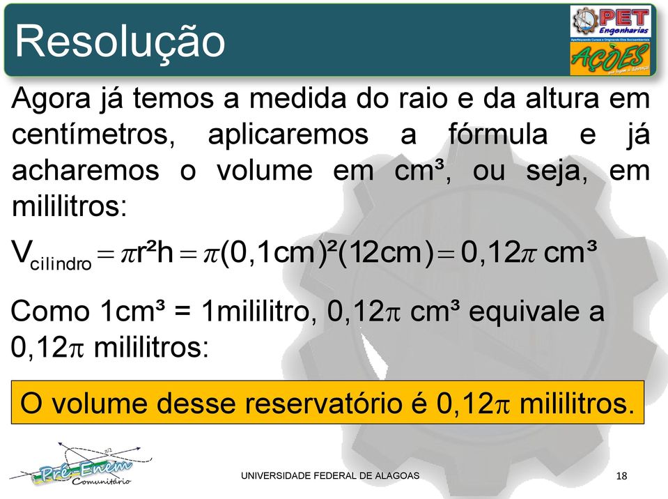 cilindro πr²h π(0,cm)²(2cm) 0,2π cm³ Como cm³ = mililitro, 0,2 cm³ equivale a